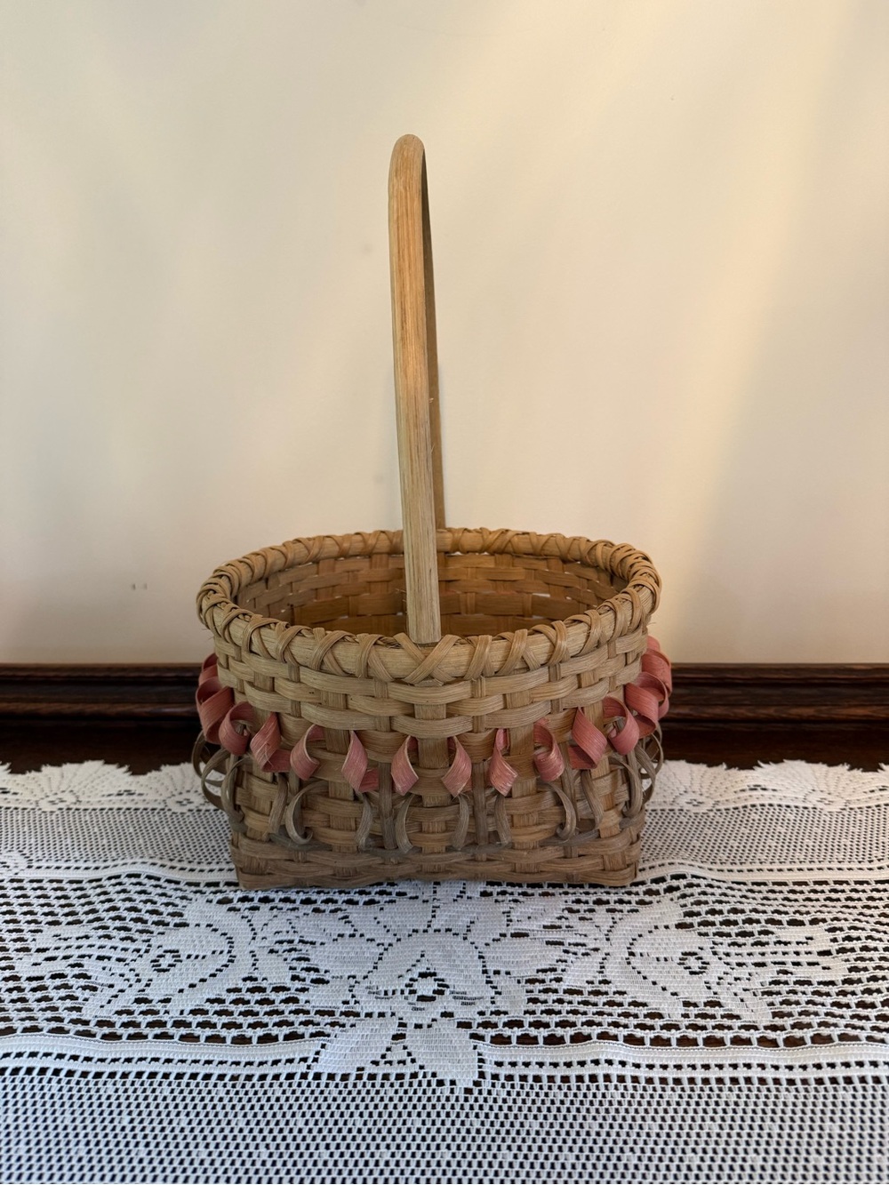 Vintage Hand Crafted Tan Woven Basket with Pink Flower Accent Signed 1987